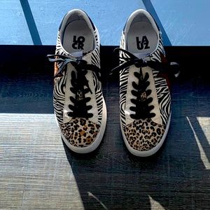 Mixed fur sneakers, leopard and zebra with black laces